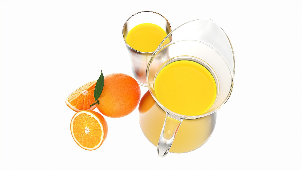 Jug and glass with orange juice and fruit