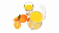 Jug and glass with orange juice and fruit