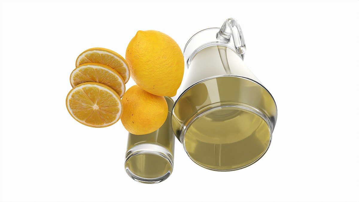 Jug and glass with lemon juice and fruit