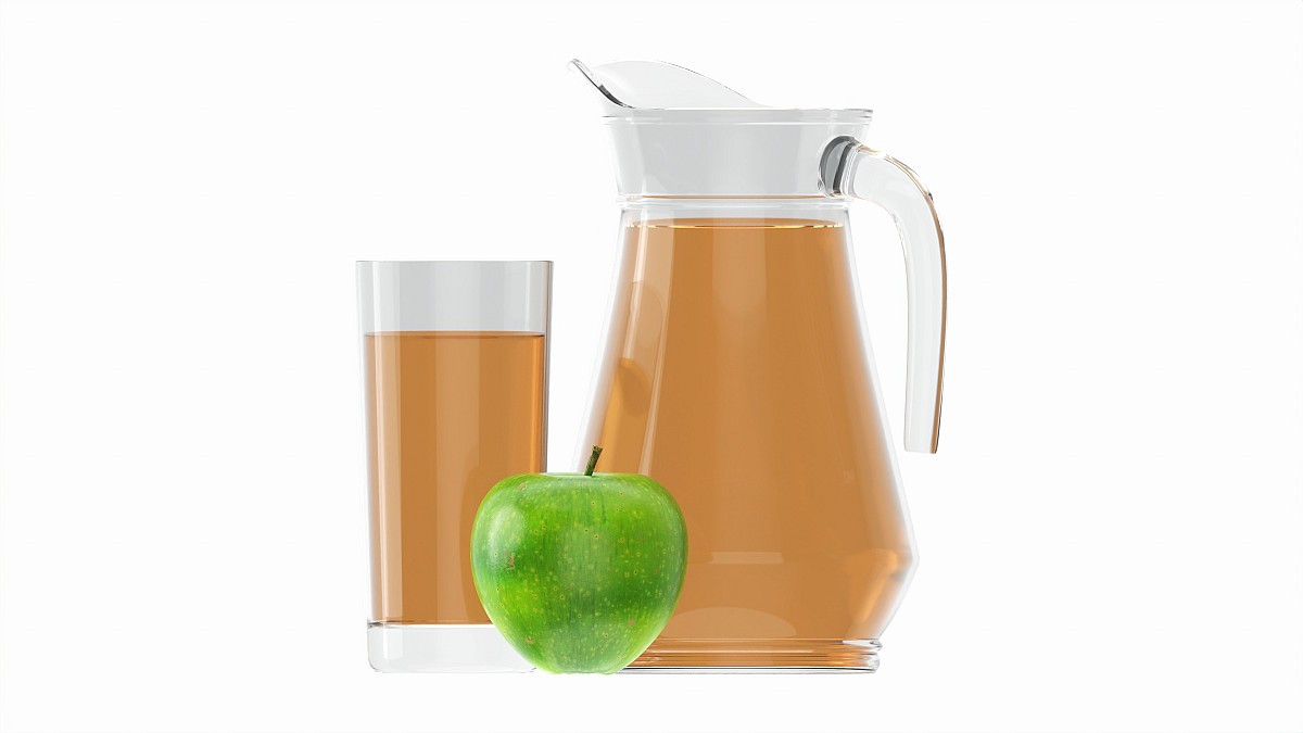 Jug and glass with apple juice and fruit