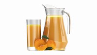 Jug and glass with apricot juice and fruit