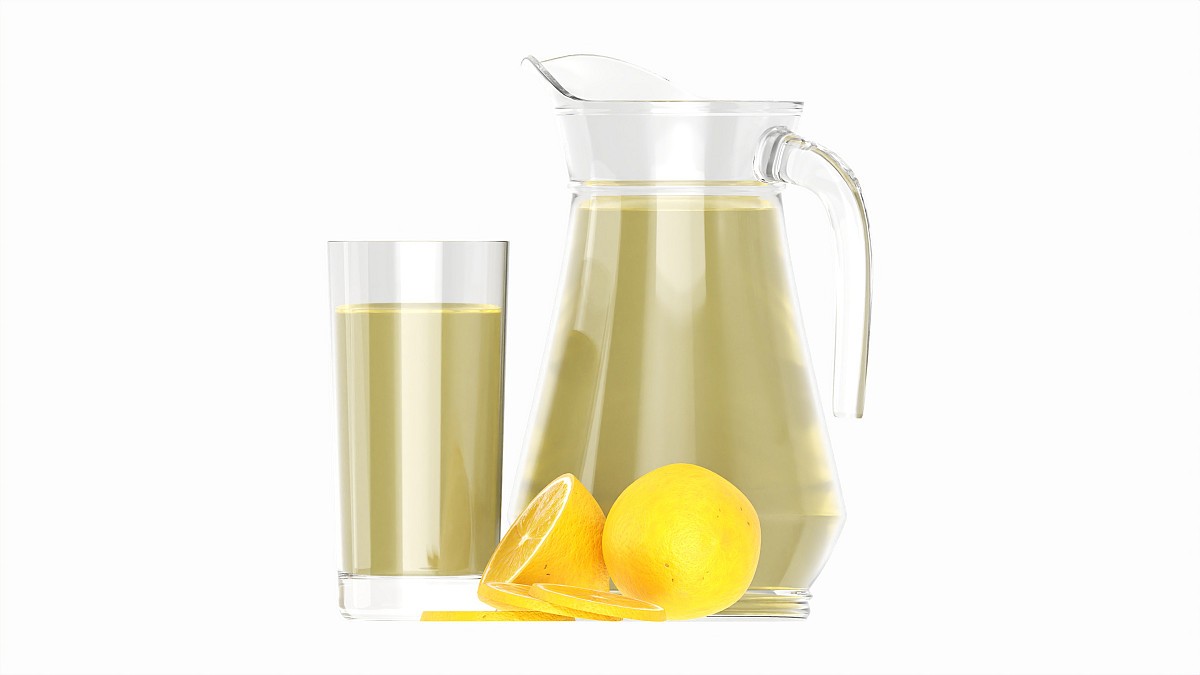 Jug and glass with lemon juice and fruit