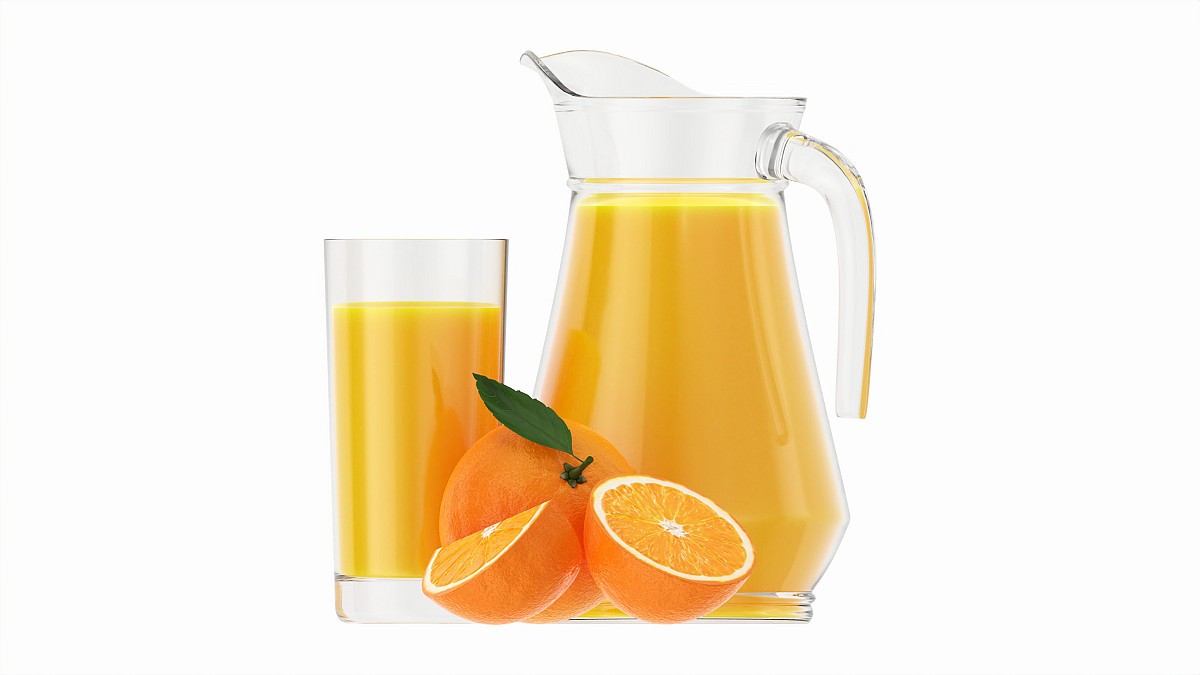 Jug and glass with orange juice and fruit