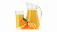 Jug and glass with orange juice and fruit