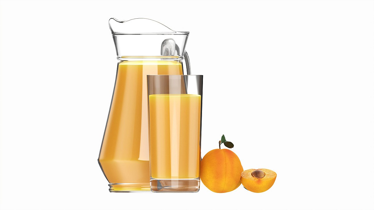 Jug and glass with apricot juice and fruit