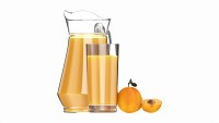 Jug and glass with apricot juice and fruit