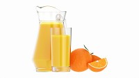 Jug and glass with orange juice and fruit