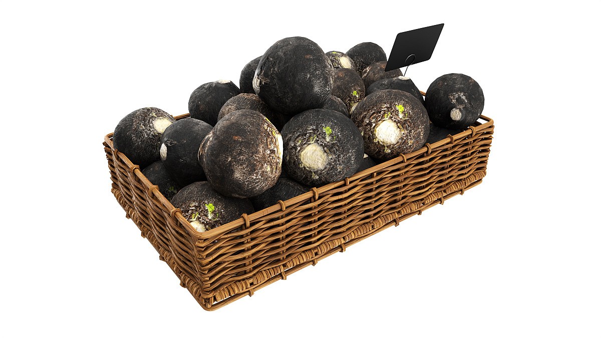 Black radish in tray with price tag