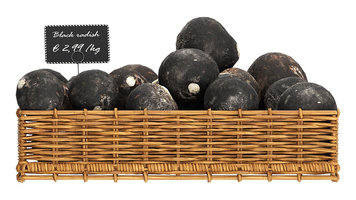 Black radish in tray with price tag