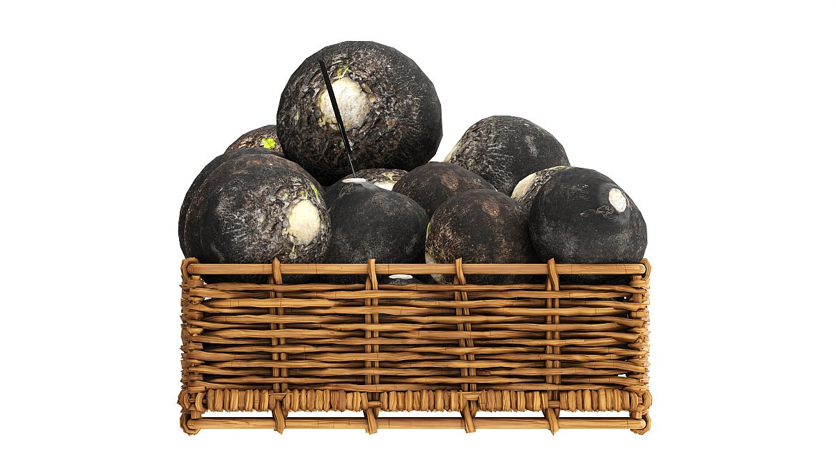 Black radish in tray with price tag